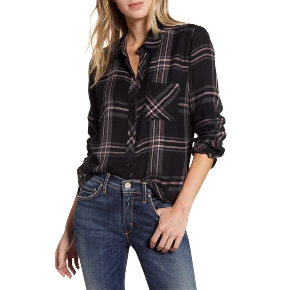 Rails Black Plaid Button-Up Shirt with Pink Stripes